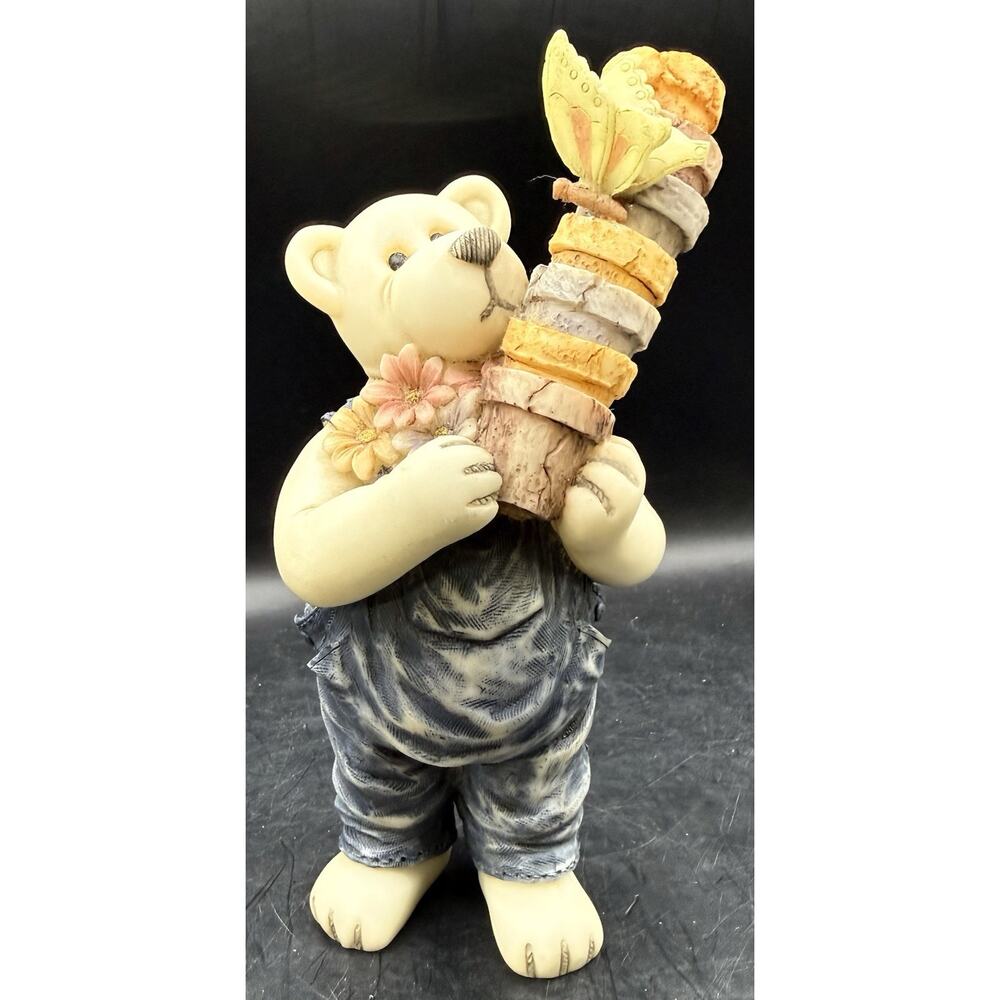 HC Accents Tender Times Bear Figurine 2002 Handmade Butterfly & Flowers 7” Tall
